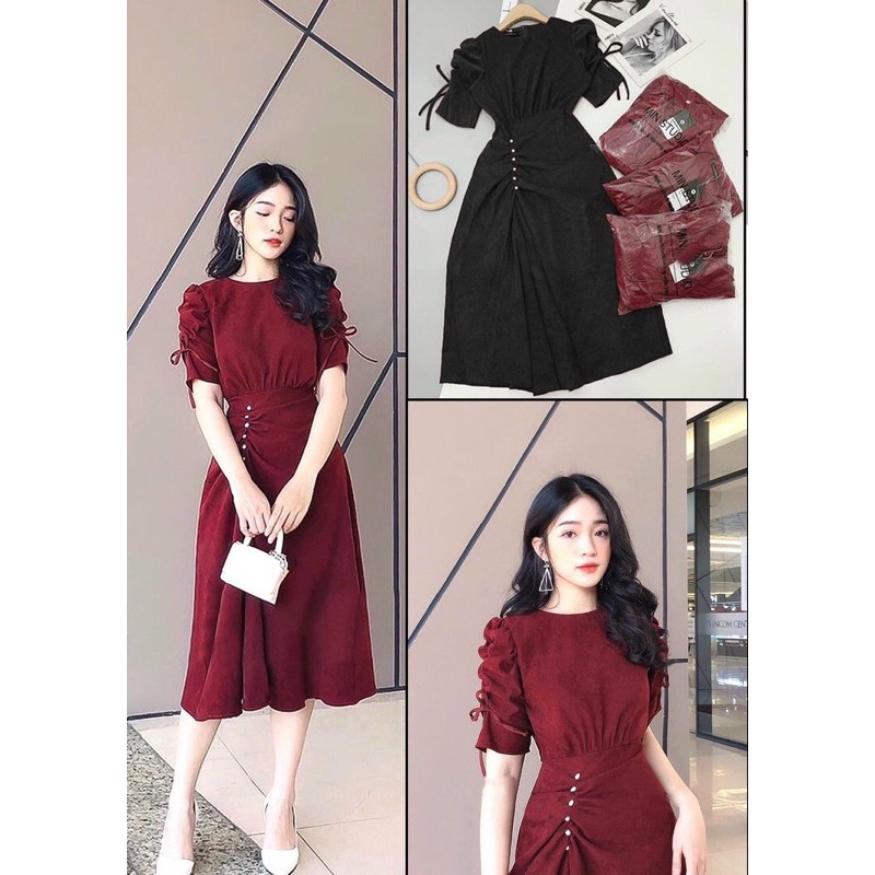 Đầm Tết Bigsize màu đỏ dáng dài rút eo đính cườm size từ 50kg-90kg  chất bố nhung màu đỏ/đen/nâu | BigBuy360 - bigbuy360.vn