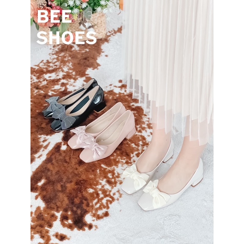 BEESHOES - GIÀY BÚP BÊ NỮ MŨI VUÔNG HỌA TIẾT NƠ - GIÀY BÚP BÊ NỮ ĐẾ VUÔNG CAO 3 PHÂN SẴN MÀU ĐEN - KEM - HỒNG ĐẤT 201137