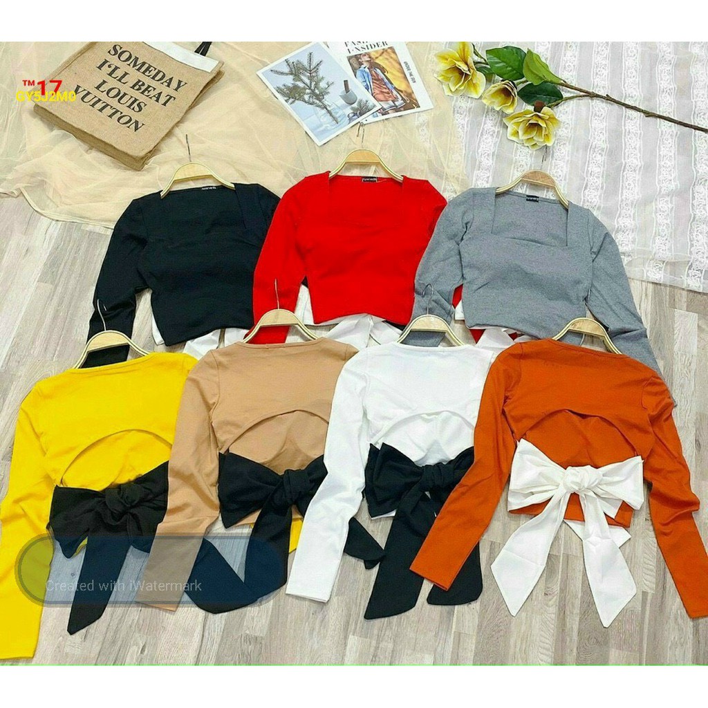áo xinh tay dài kèm mút nơ lưng xinh xắn bánh bèo chất thun bozip mềm