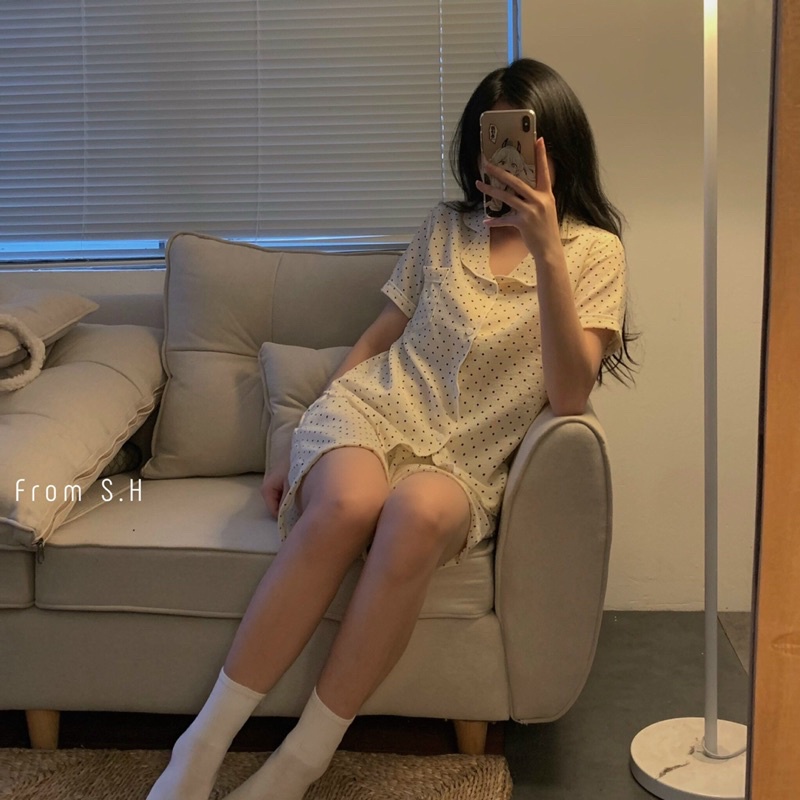 [ ẢNH THẬT ] Set pijama cổ bẻ dáng cộc hoạ tiết xinh xắn. Bộ ngủ nữ pyjama nhiều màu dễ thương