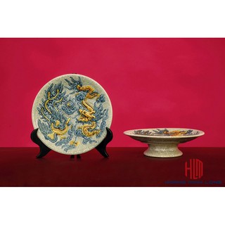 Mâm bồng men rạn đắp nổi size 22cm kèm chân đế