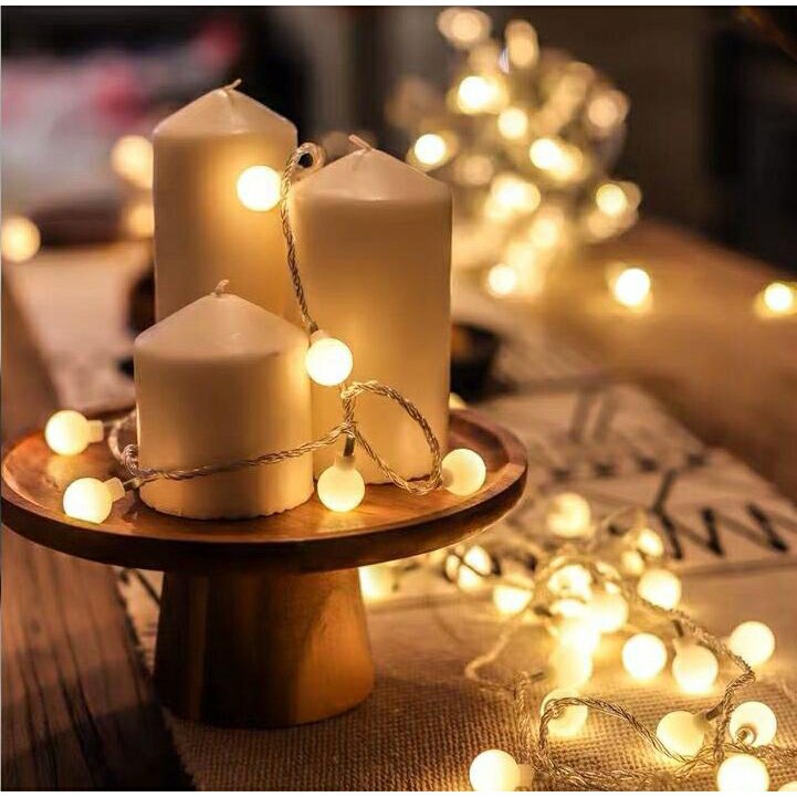 Dây Đèn Led Trang Trí Bóng Tròn Cherry Ball Dài 10 Mét 100 Bóng Tròn Vàng Nắng Cắm Điện Chống Nước