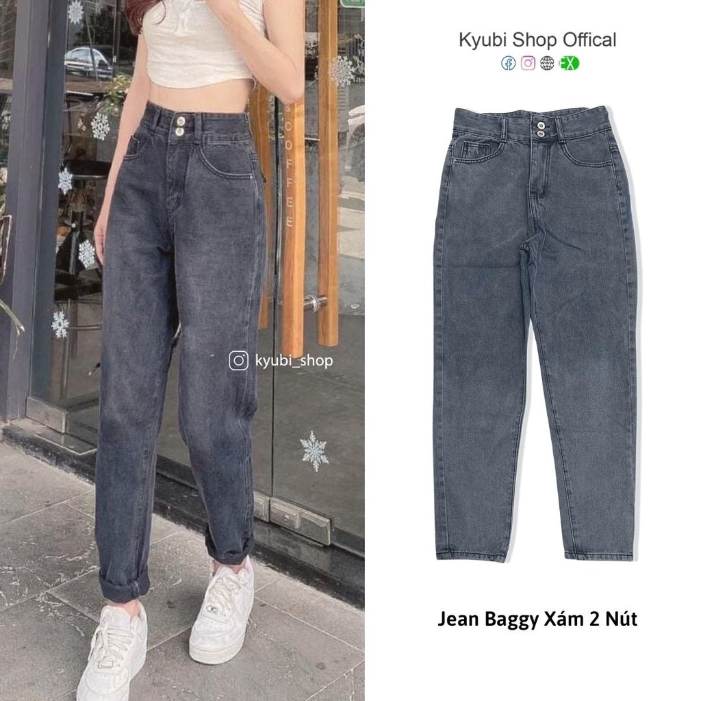 [Mã FADEP2212 giảm 10k đơn từ 99k] Quần jean nữ baggy nữ ulzzang Kyubi lưng cao xám 2 nút cá tính - Baggy jean Kyubi