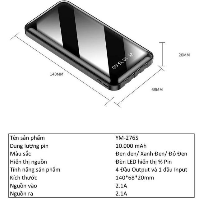 Sạc dự phòng Power Bank J200 10000mAh có 4 dây sạc đa năng thông minh cho iphone,samsung, xiaomi - Memotop