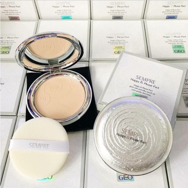 phấn nền Sempre Happy &amp; Please Pact Geo nâng tone kiềm dầu che khuyết điểm chống nước chống nắng SPF 20 chống bết dính