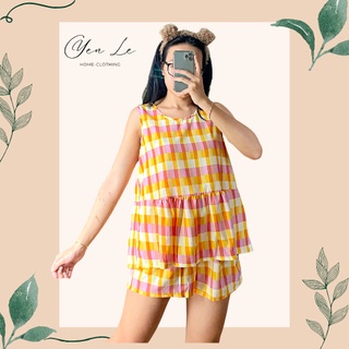 Đồ bộ caro cam tay sát nách quần đùi mặc nhà
