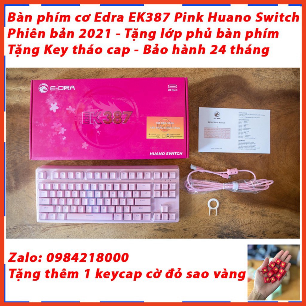 Bàn phím cơ EDRA EK387 Dream Pink 2021 - Huano switch - Double Shot kc - Blue/ Rec/ Brown - Type C - BH chính hãng 2 năm