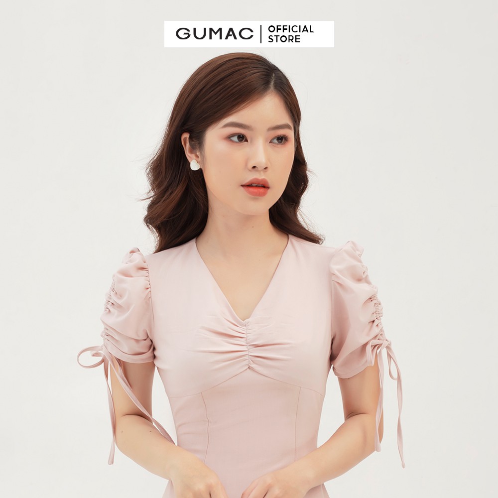 Đầm nữ dáng chữ A nhún ngực và tay GUMAC màu hồng thanh lịch, sang trọng DB322 | BigBuy360 - bigbuy360.vn