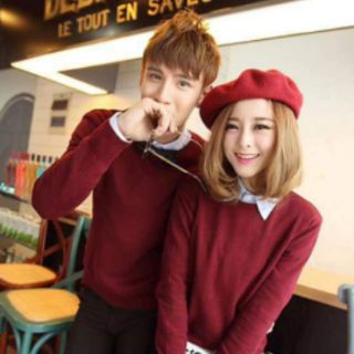  Áo len đôi cổ tròn lông cừu đỏ đô