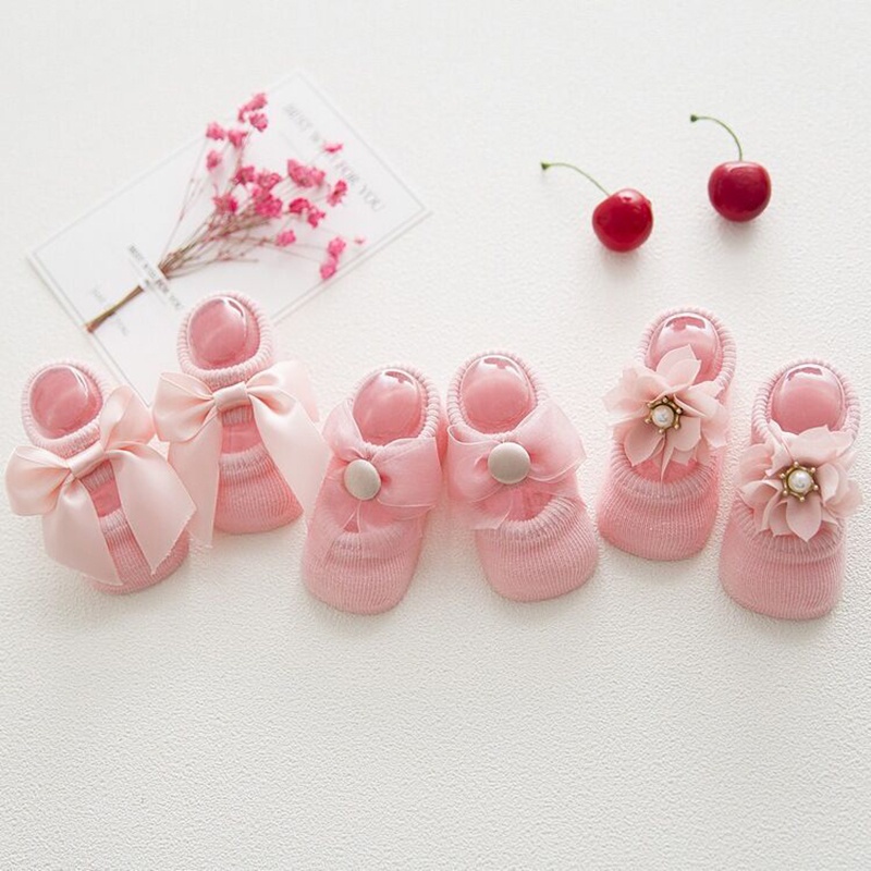 Set 3 Đôi Tất Cotton Chống Trượt Đính Nơ Hoa Dành Cho Bé