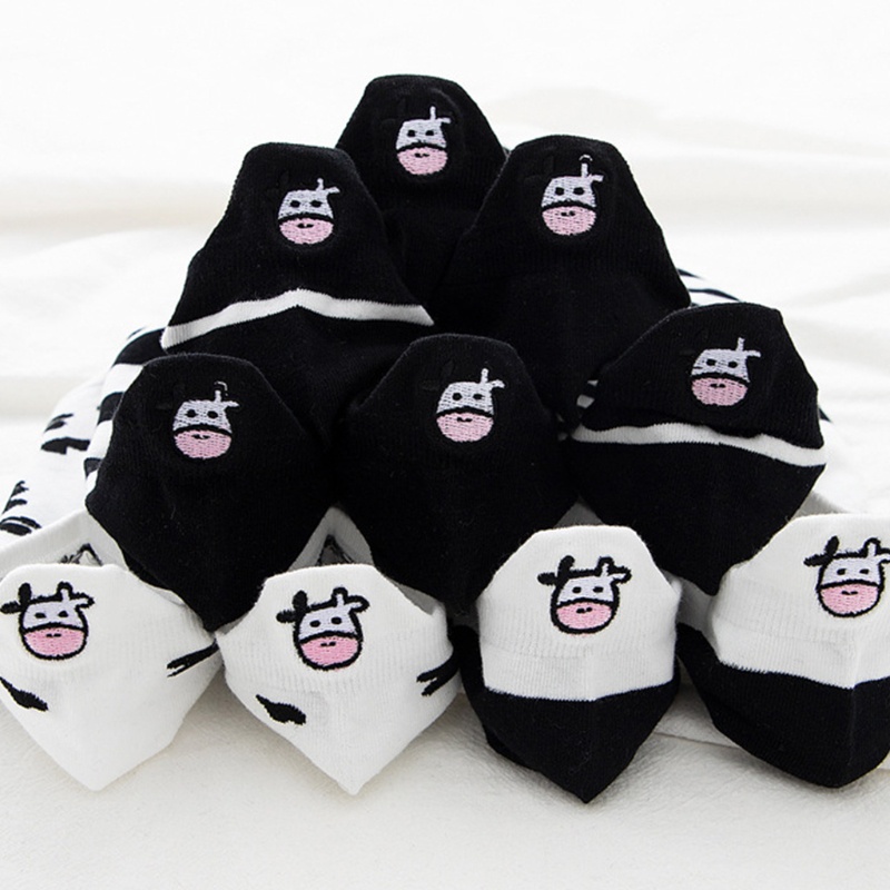 XIXI Set 5 Đôi Tất Cotton Cổ Thấp In Họa Tiết Bò Sữa Hoạt Hình Thời Trang Mùa Hè Cho Nữ