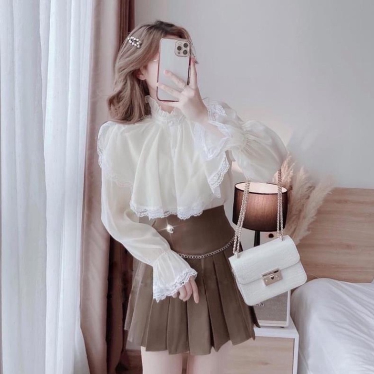 Áo sơ mi tiểu thư 2 lớp diện Tết phối ren, Áo nữ ren tay dài mẫu mới mã 437