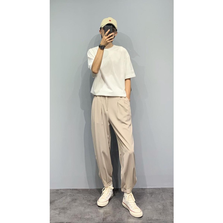 Quần Baggy Nam AROTI Ống Suông Rộng Vải Cotton Lụa Đẹp Cao Cấp,Co Giãn Dáng Âu,Cạp Chun,Màu Đen,Tiện Mặc Đi Học  QV46-D