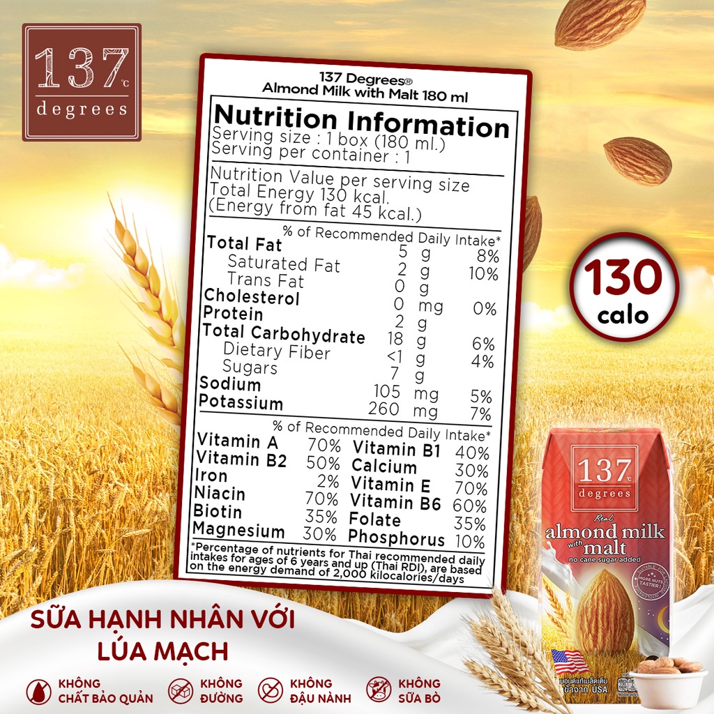 [Vị mới] Thùng Sữa hạt Hạnh nhân Lúa mạch 137 Degrees 180ml (36 hộp)