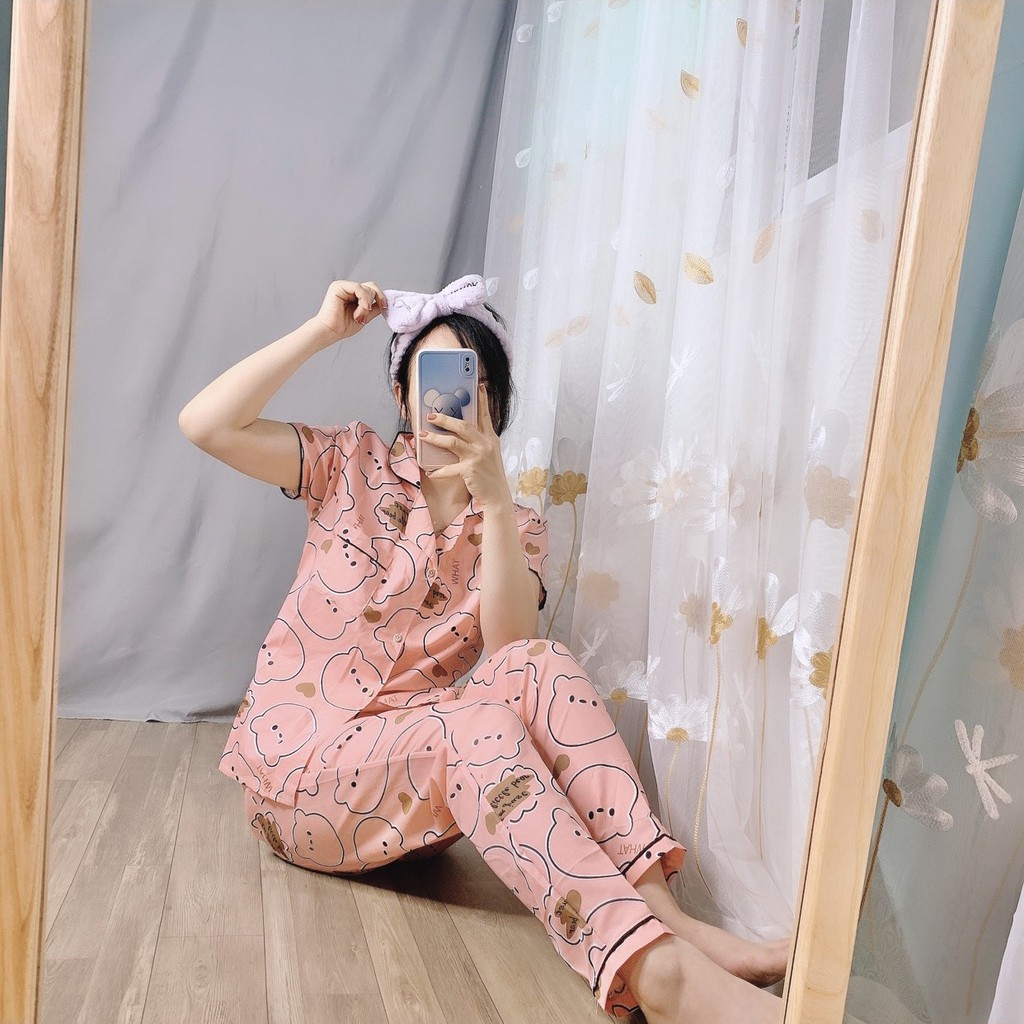 Set Pijama Mặc Nhà Áo Ngắn Quần Dài Chất Vải Kate In Hoạt Hình xinh xắn SB21E1