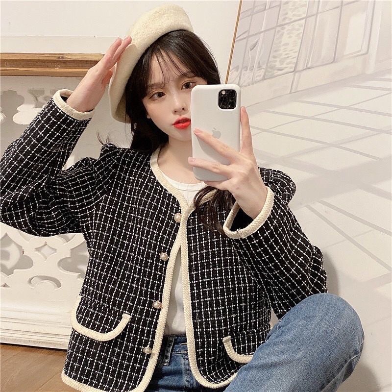 Áo khoác dạ tweed khuy ngọc cực sang