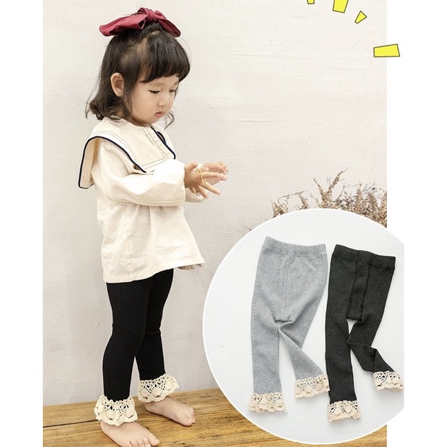 Quần tất, quần legging cho bé gái dưới 4 tuổi, len cotton dày dặn, giữ ấm, gấu ren điệu đà