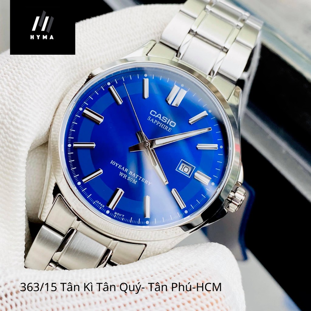 Đồng hồ nam dây thép mặt xanh Casio MTS 100D-2AV kính Sapphire - Pin 10 năm Bảo hành 1 năm Hyma watch