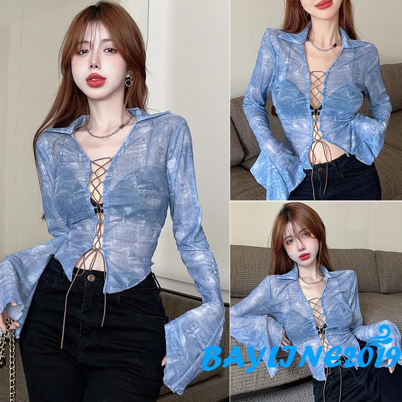 [Mã Fadep0610 Giảm 10K Đơn 99K] Áo Kiểu Dài Tay Vải Lưới Phong Cách Đường Phố Dành Cho Nữ