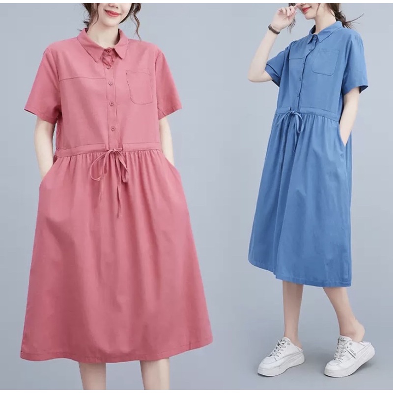 Bigsize dưới 85kg Váy cổ bẻ, có dây rút eo, có túi 2 bên, váy bầu bí bon chen thoải mái