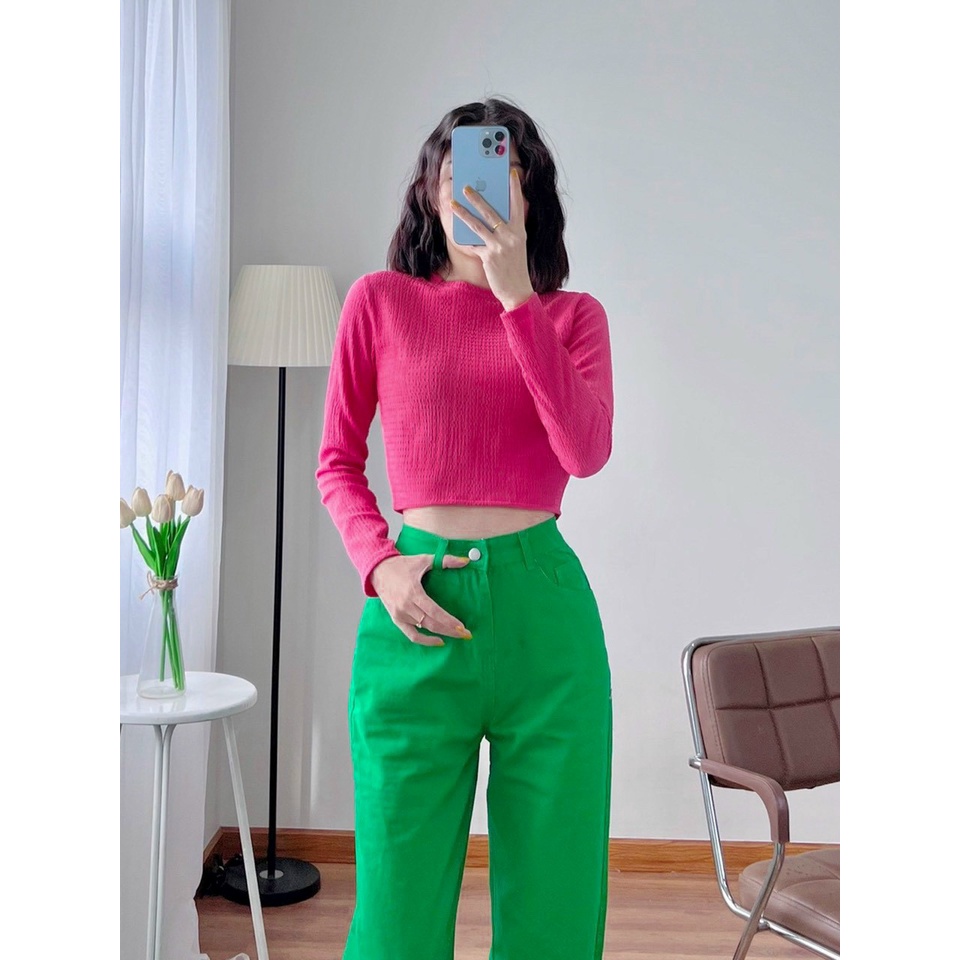 Áo Croptop Tay Dài Cổ Tròn - Áo Thun Nữ Chất Xốp Mát Co Dãn Tốt - HÀNG TEM MÁC CHUẨN SHOP