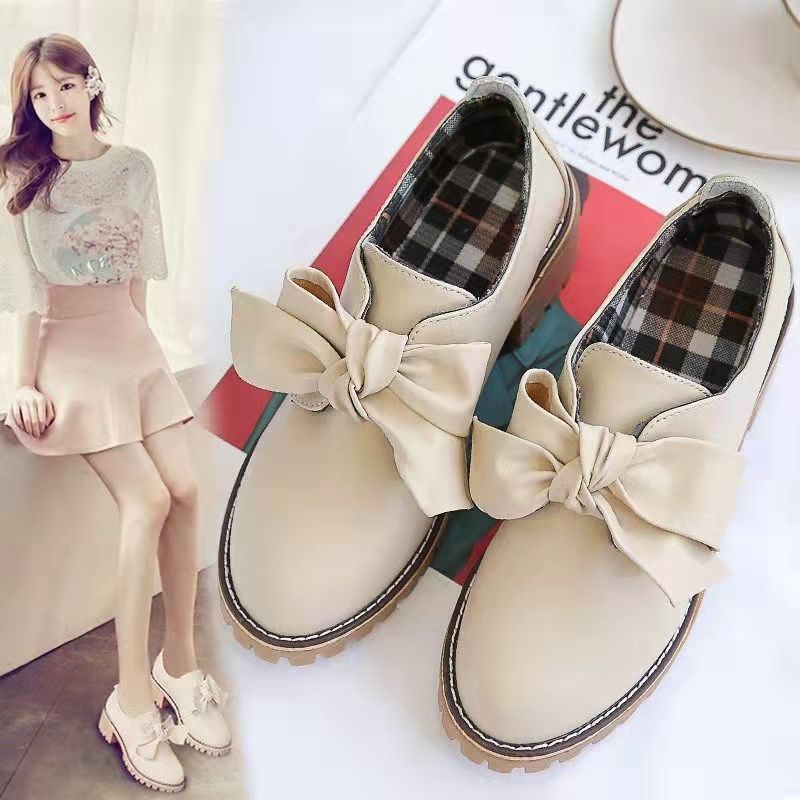 Giày Da Nữ Giày Oxford Đính Nơ Cao Gót 5 Phân Phong Cách Nhật Bản