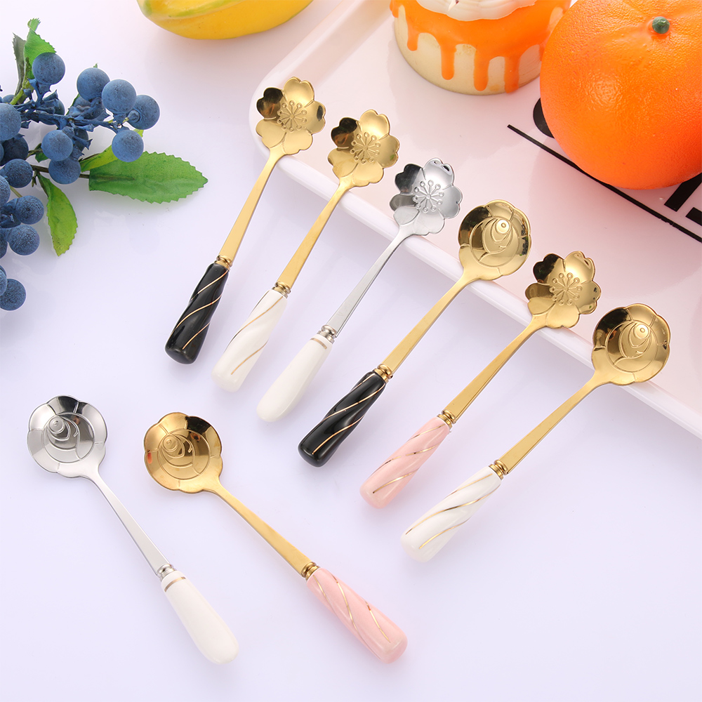 Muỗng thép không gỉ đầu gốm thiết kế hình hoa hồng đa năng tiện lợi