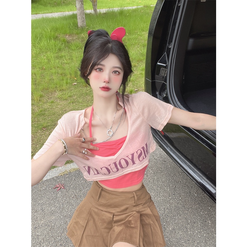 HUANG YOYO Set Áo Thun Dây Đan Chéo Trước Ngực + Áo Thun Dài Tay Thời Trang Nữ