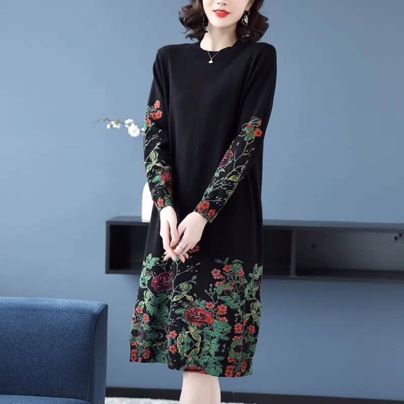 Đầm len nữ trung niên cao cấp hoạ tiết sang trọng quý phái NP2537