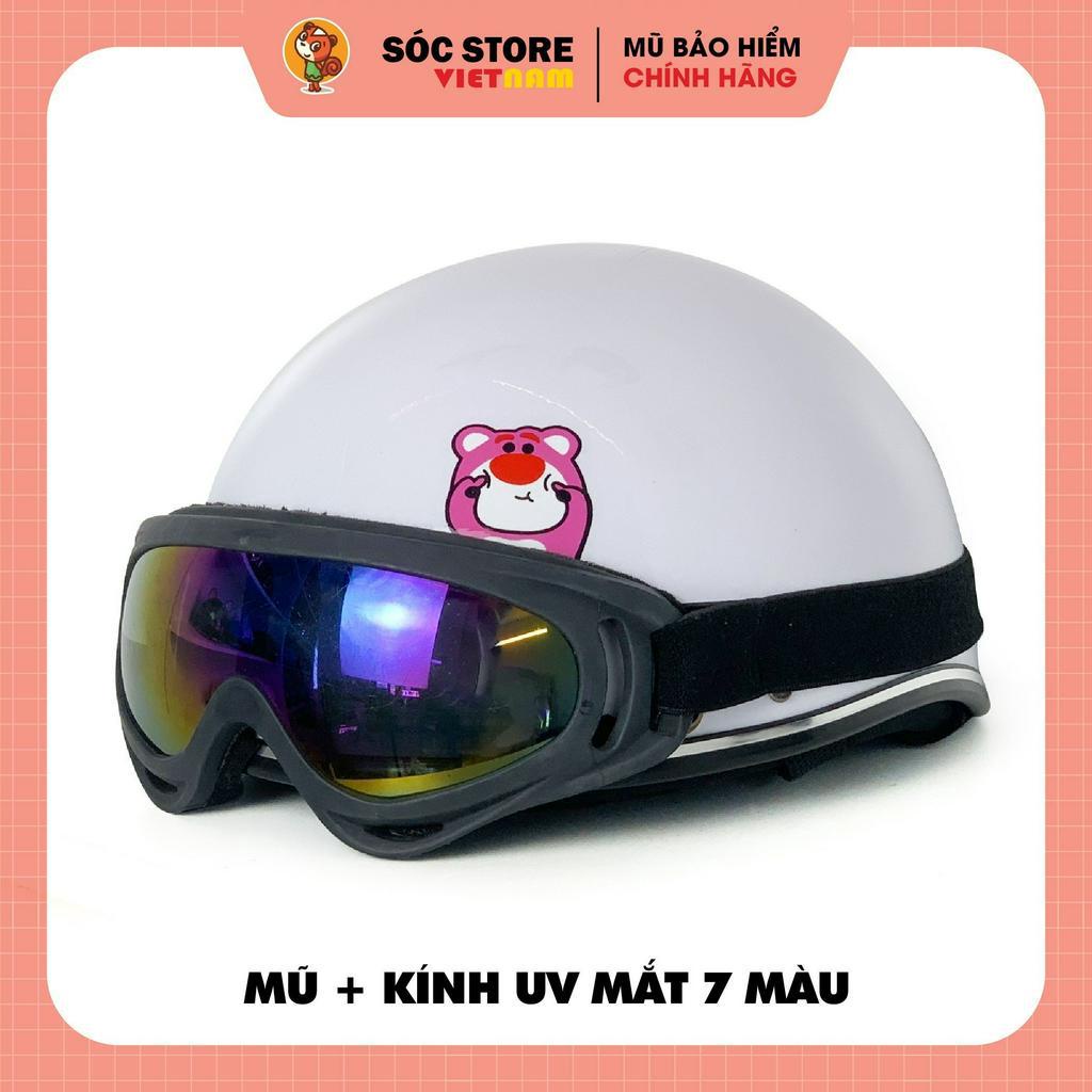 Mũ bảo hiểm nửa đầu in hình GẤU DÂU kính phi công, kính uv chính hãng SOCSTORE Vietnam