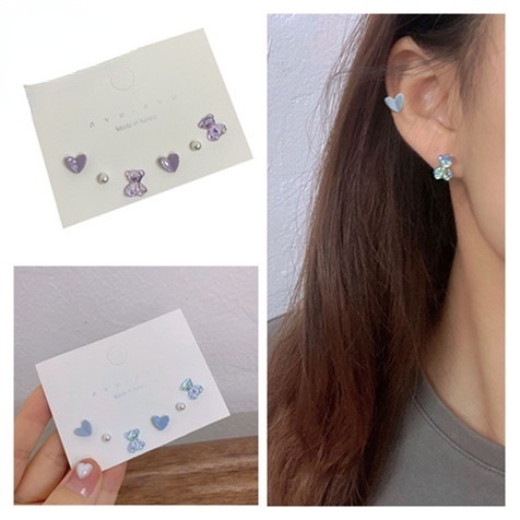 Set 3 đôi khuyên tai hình trái tim/gấu đính ngọc trai giả thời trang cho nữ