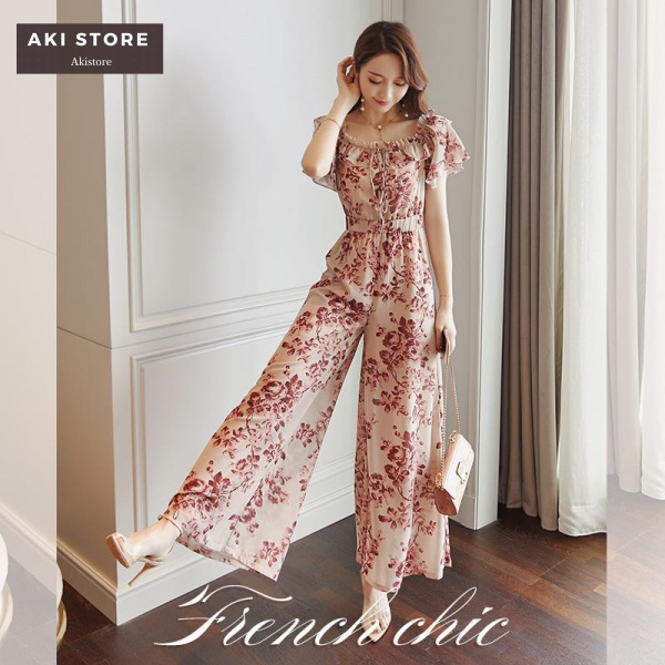 Bộ Áo Liền Quần Ống Rộng Chất Liệu chiffon Mỏng Nhẹ In Họa Tiết Hoa Thời Trang Mùa Hè Cho Nữ