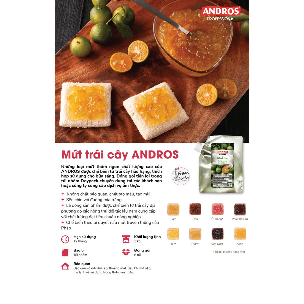 [Mã BMBAU50 giảm 7% đơn 99K] ANDROS - MỨT TRÁI CÂY - Dâu (Strawberry) - Túi 1kg - Jam Doypack