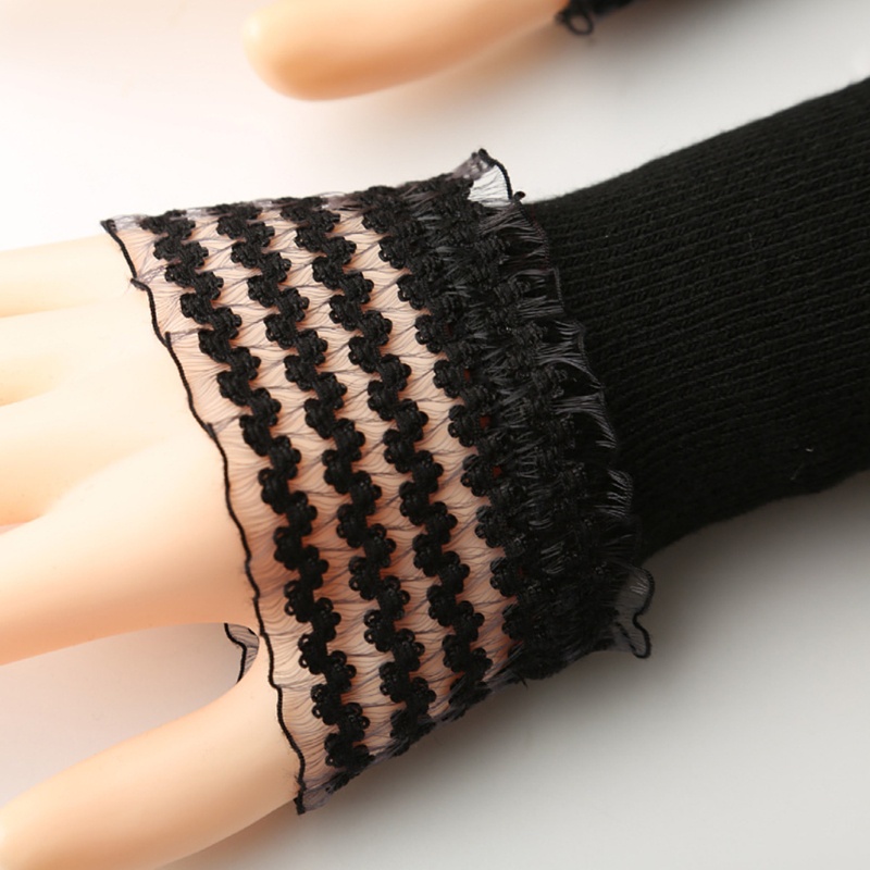 Găng Tay Len Hở Ngón Phối Ren Giả Giữ Ấm Cho Nữ