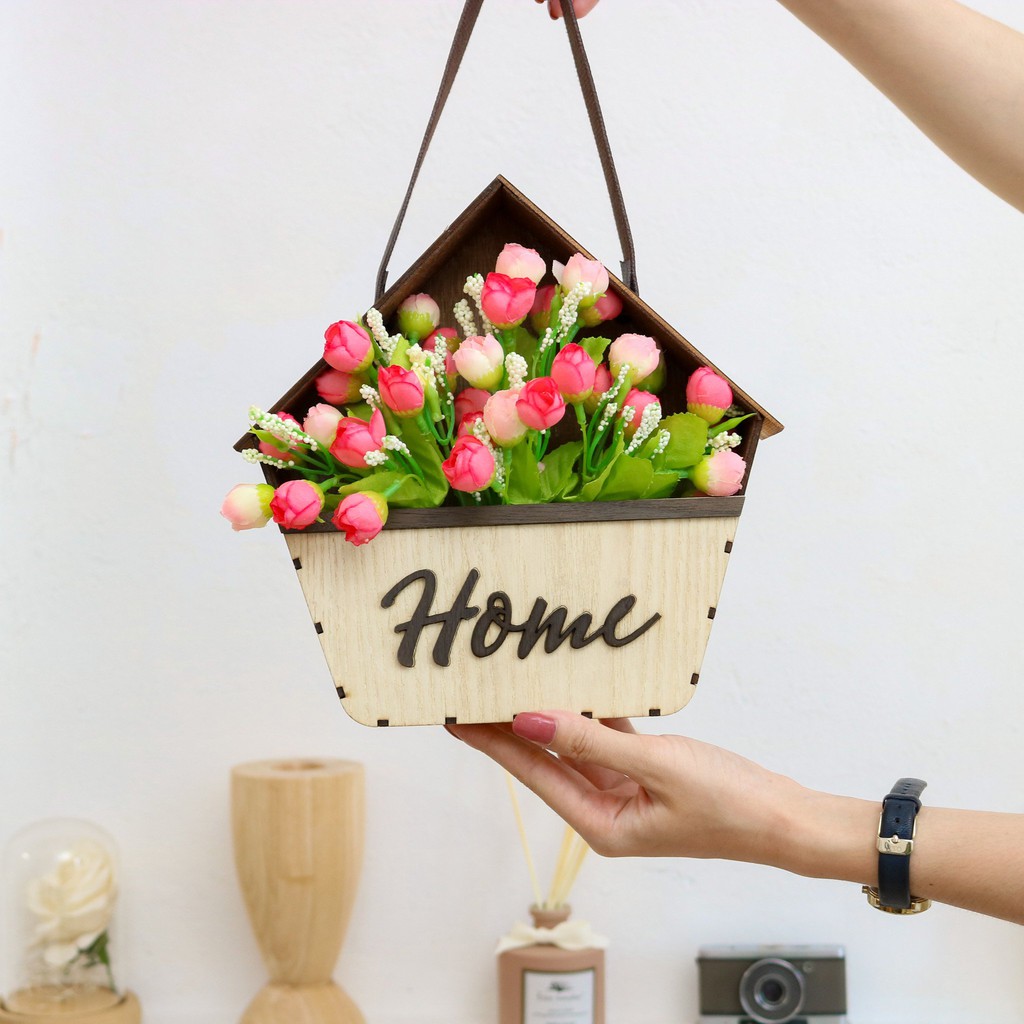 Giỏ hoa chất liệu gỗ màu mộc HOME, giỏ hoa trang trí decor phòng ngủ ,phòng khách .