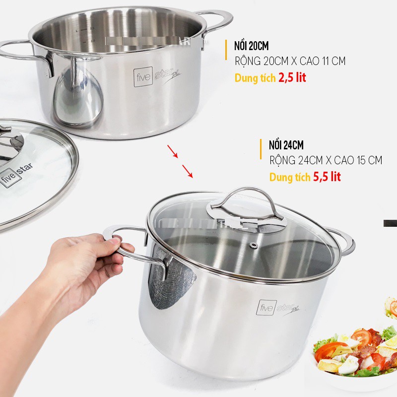 Bộ nồi chảo chống dính vân đá 3 lớp đáy liền inox 304 Fivestar Plus 5 món quai oval nắp kính , tặng 10 muỗng ăn