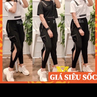 Quần jogger nữ thể thao có khóa đùi màu đen