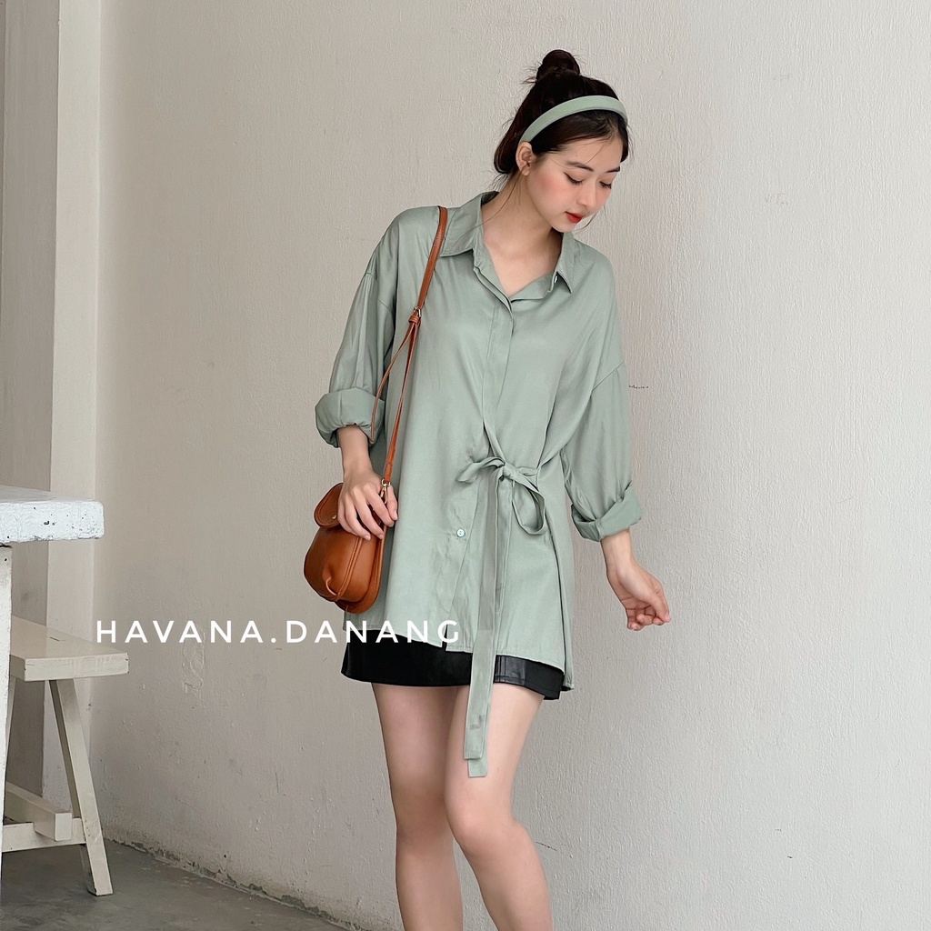 Áo sơ mi lụa nữ dài tay, sơ mi buộc eo mềm mịn freesize