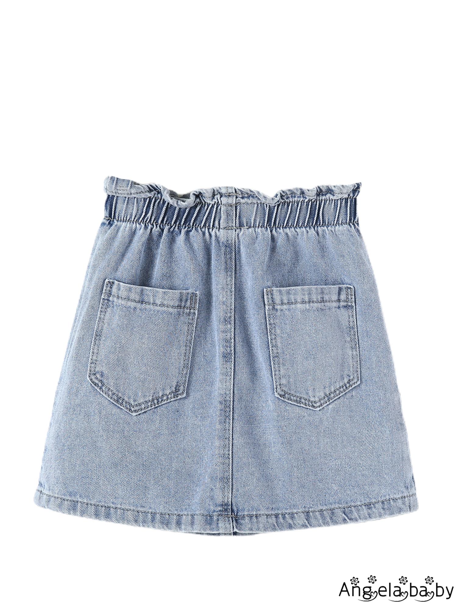 HIAN-Baby Denim Skirt, Summer Girls Solid Color Colored Button Skirt with Slant Pockets (Blue)