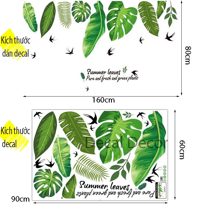 Decal Trang Trí Dán Tường Mẫu Lá Cây Xanh Và Chim Én 60x90cm - Decal Decor Phòng Ngủ, Phòng Khách, Văn Phòng Làm Việc