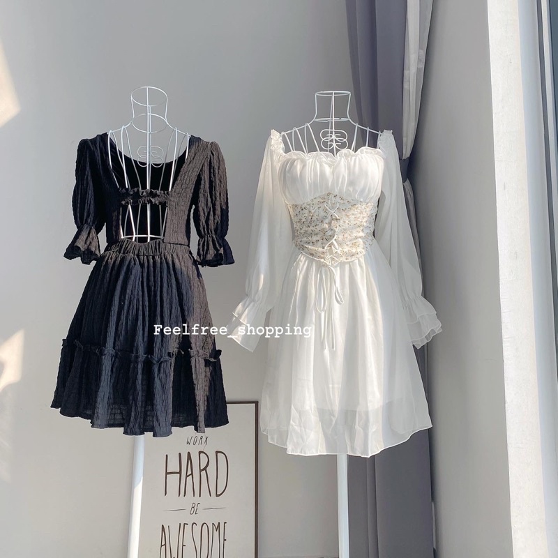 Đầm Đen In Nổi Tay Ngắn Hở Lưng Hai Lớp Mặc Đi Tiệc Đi Chơi (Hình Thật) D069