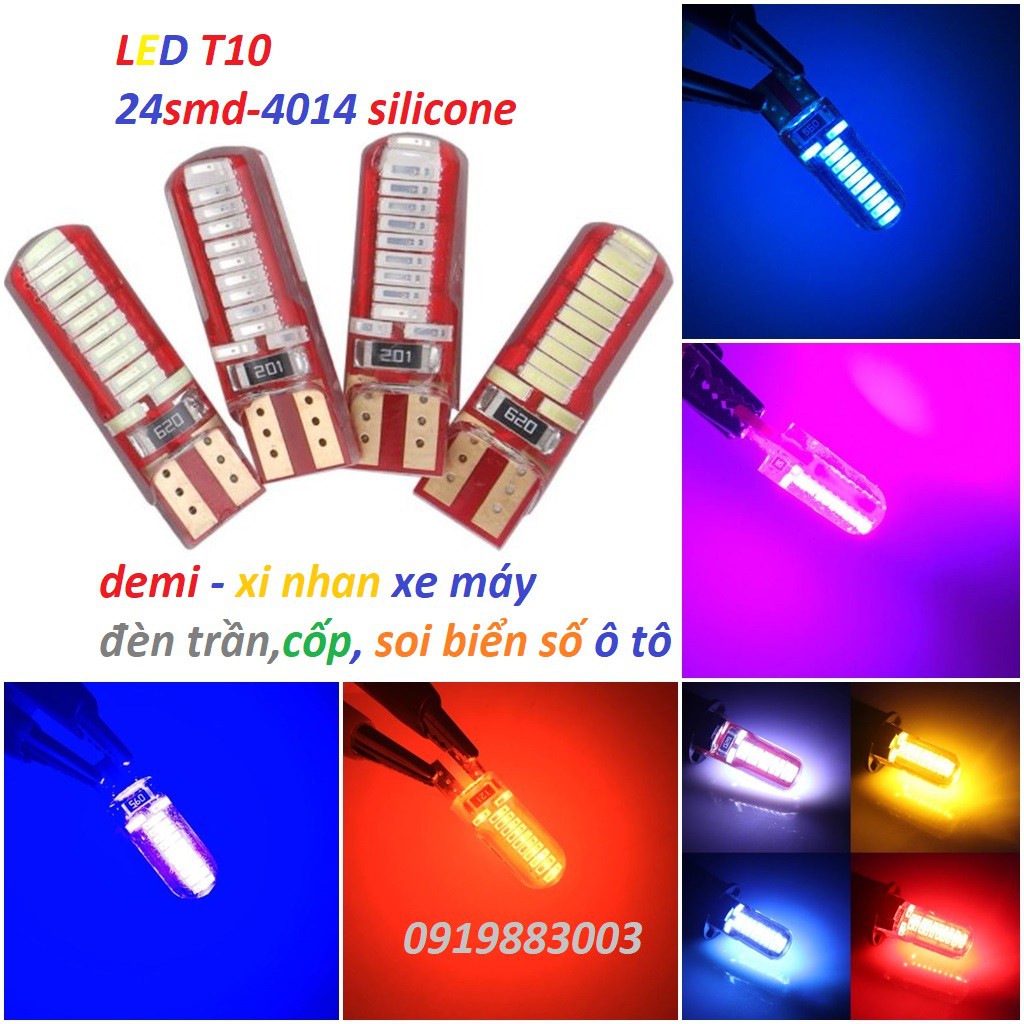 (T10-24smd-4014silicone)1 bóng đèn T10 LED silicone 4014 gắn demi xi nhan xe máy, ô tô