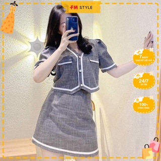 Set đồ nữ FM Style  tiểu thư đính ngọc phối viền áo cổ V kèm chân váy thời trang 220129411