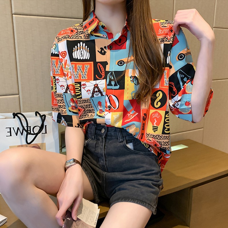 [Mã FATHANG5 giảm 10K đơn 50K] LEEVA - Áo sơ mi họa tiết phong cách nổi bật Chiffon: Cam