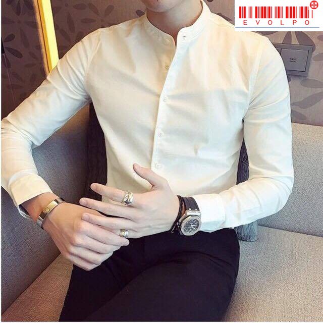 Sơ mi nam cổ tàu Trắng Đen dáng ôm body thoải mái vải êm | BigBuy360 - bigbuy360.vn
