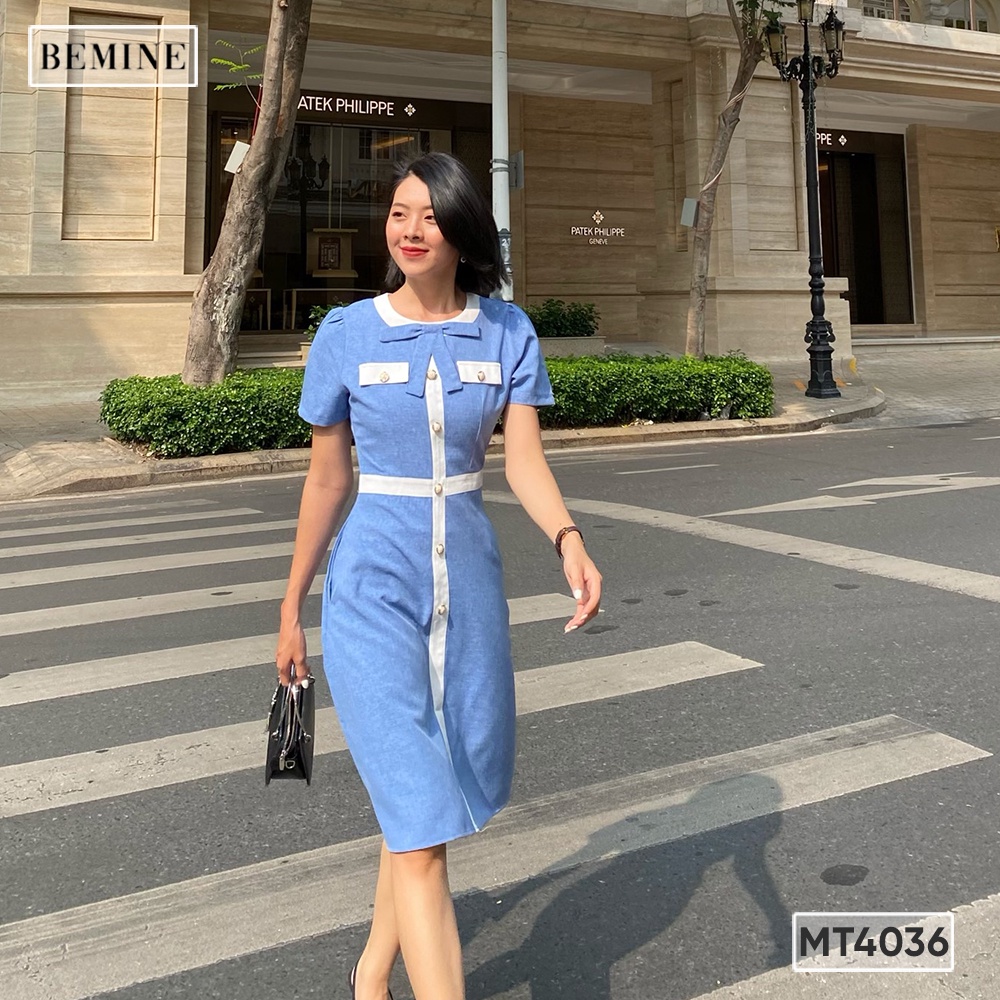 Đầm tay ngắn cổ nơ phối viền BEMINE MT4036XANH