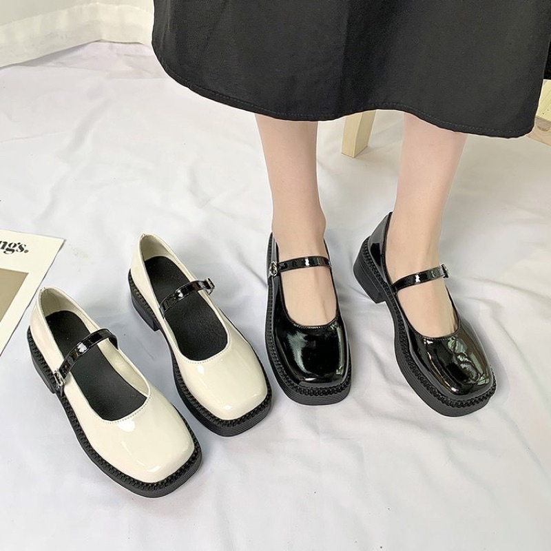 Giày lolita MŨI VUÔNG hai màu đen trắng bóng quai đen đẹp thanh lịch