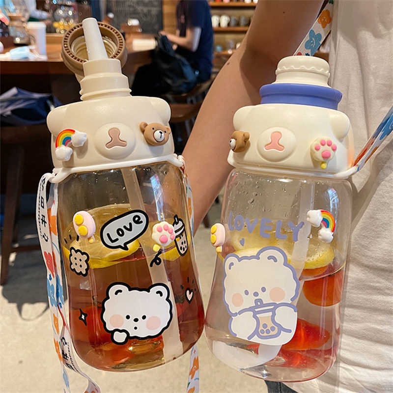 Bình Nước Giữ Nhiệt Dung Tích Lớn 1500ml Có Ống Hút Bằng Thép Không Gỉ Dễ Thương