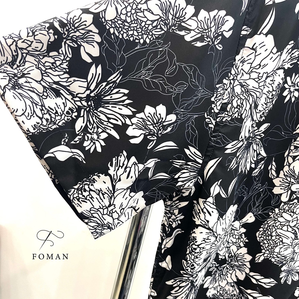 Áo sơ mi nam hoạ tiết Hoa Mẫu Đơn Peony FOMAN tay ngắn vải lụa, thoáng khí, không nhăn, thấm hút