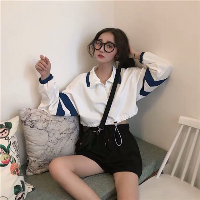 Áo thun croptop polo phối màu xanh dương HÀNG Y HÌNH